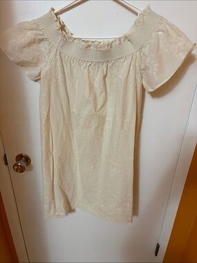 Off-Shoulder Cream Embroidered Tunic Dress